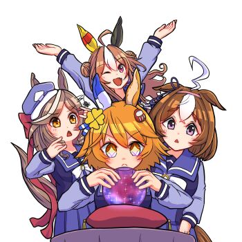 +_+ 4girls absurdres ahoge animal_ears blue_hat blush bow bowtie breasts brown_hair closed_mouth clover_hair_ornament comiket_107 commentary_request copano_rickey_(umamusume) crystal_ball daruma_doll daruma_doll_hair_ornament double-parted_bangs double_bun ear_covers ear_ribbon ears_through_headwear fang flipped_hair fortune_teller four-leaf_clover_hair_ornament frown hair_between_eyes hair_bun hair_ornament hairband hairclip hat highres horse_ears horse_girl horse_tail long_hair looking_at_viewer matikanefukukitaru_(umamusume) matikanetannhauser_(umamusume) medium_hair meisho_doto_(umamusume) mismatched_ear_covers multicolored_hair multiple_girls nadeneko0013 newsboy_cap one_eye_closed open_mouth orange_hair pillow pink_hairband pleated_skirt purple_eyes purple_sailor_collar purple_serafuku purple_shirt purple_skirt sailor_collar sailor_shirt school_uniform serafuku shirt short_hair single_ear_cover skin_fang skirt smile streaked_hair tail tassel tassel_hair_ornament tilted_headwear tracen_school_uniform two-tone_hair umamusume white_bow white_bowtie white_hair yellow_eyes