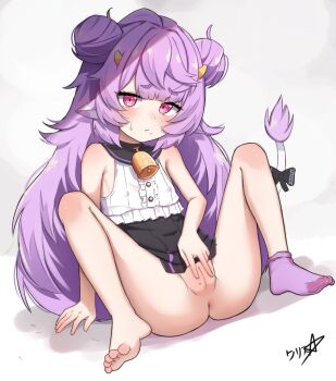 1girl absurdres animal_ears barefoot black_skirt blush boppin cleft_of_venus closed_mouth commission cow_ears cow_girl cow_horns cow_tail dot_nose double_bun hair_bun highres horns loli long_hair looking_at_viewer mole mole_under_mouth muu_muyu no_panties phase_connect pixiv_commission purple_eyes purple_hair pussy ribbon shirt simple_background single_sock sitting skirt sleeveless socks sweatdrop tail tail_ornament tail_ribbon uncensored virtual_youtuber white_background white_shirt