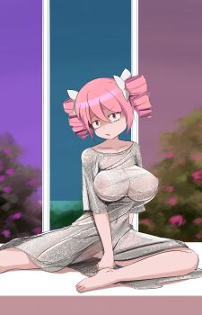 1girl absurdres blush breasts drill_hair highres indoors jashin-chan_dropkick large_breasts looking_at_viewer minos_drawfag navel nipples no_bra no_panties open_mouth pink_eyes pink_hair pino_(jashin-chan_dropkick) pussy solo twin_drills