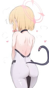 1girl absurdres ass back backless_outfit bare_shoulders black_tail blonde_hair blue_archive blush bodysuit bow cat_tail cowboy_shot ear_blush facing_away fake_tail flying_sweatdrops from_behind hair_bow heart highres loli low-tied_sidelocks median_furrow momoi_(battlesuit)_(blue_archive) momoi_(blue_archive) paid_reward_available pink_bow pink_hair short_hair shoulder_blades sidelocks simple_background solo tail tail_raised white_background white_bodysuit yukin_(yukin8210)