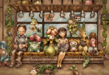 1boy 1girl bag ballpoint_pen_(medium) black_footwear blush bonsly burmy closed_mouth commentary_request cottonee exeggutor gen_1_pokemon gen_2_pokemon gen_4_pokemon gen_5_pokemon gen_6_pokemon gen_7_pokemon handbag hoppip ivysaur leafeon legs_together lilligant looking_to_the_side matsuri_(matsuike) miltank nintendo pants pen_(medium) pokemon pokemon_(creature) polo_shirt poster_(object) rowlet shoes short_sleeves sitting skiddo skirt snivy tangela traditional_media train_interior