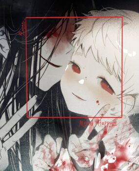 Rule 34 | 1boy, 1girl, adashino adami, black hair, blonde hair, blood, blood on face, blood on hands, english text, facial recognition, hand up, highres, homicipher, long hair, looking at viewer, mr. crawling, red eyes, short hair, sweater, sweeeet him, v