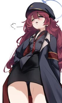 1girl black_hat black_jacket black_panties black_shirt black_skirt blue_archive blue_eyes blue_halo blush breasts fluffy_hair from_below hair_between_eyes halo hand_on_own_hip hat high-waist_skirt highres iroha_(blue_archive) jacket long_hair miniskirt mira_mira_mira necktie open_clothes open_jacket open_mouth panties peaked_cap pencil_skirt red_hair red_necktie revision shirt sidelocks skirt small_breasts solo underwear upskirt