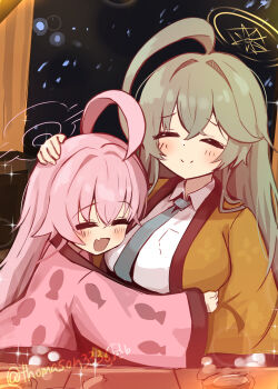 2girls :d ^_^ absurdres ahoge animal_print blue_archive blue_necktie blush breasts closed_eyes closed_mouth collared_shirt crossed_bangs fang fish_print green_hair hair_between_eyes hair_intakes halo happy headpat highres hoshino_(blue_archive) hug huge_ahoge indoors japanese_clothes kimono large_breasts long_hair long_sleeves multiple_girls necktie open_clothes open_kimono open_mouth orange_kimono pink_hair pink_halo pink_kimono print_kimono school_uniform shirt skin_fang smile sparkle split_mouth thomason366 time_paradox upper_body white_shirt wide_sleeves yellow_halo yume_(blue_archive)
