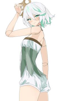 1girl cecilia_immergreen cecilia_immergreen_(1st_costume) closed_mouth corset doll_joints gradient_hair green_corset green_eyes green_hair hair_between_eyes highres hololive hololive_english joints medium_hair multicolored_hair romper simple_background sio4_4 smile solo virtual_youtuber white_background white_hair white_romper winding_key