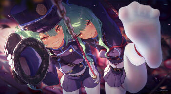 2girls bdsm belt blazer blue_archive bondage bound breast_bondage breasts brown_eyes commentary_request crotch_rope green_hair hat highres hikari_(blue_archive) icecake jacket looking_at_viewer multiple_girls no_shoes nozomi_(blue_archive) open_mouth pantyhose pleated_skirt restrained shako_cap shibari shibari_over_clothes shorts skirt small_breasts soles standing teeth toes twintails white_pantyhose