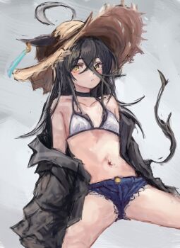 1girl ahoge animal_ears bare_shoulders bikini bikini_top_only black_bikini black_choker black_hair black_jacket blue_shorts blush breasts choker closed_mouth collarbone commentary_request denim denim_shorts drinking_straw ear_tag earrings ears_through_headwear hair_between_eyes hair_through_headwear hat horse_ears horse_girl horse_tail jacket jewelry long_bangs long_hair long_hair_between_eyes looking_at_viewer manhattan_cafe_(umamusume) multicolored_hair navel open_clothes open_jacket shorts simple_background single_earring small_breasts solo stomach sun_hat swimsuit tail umamusume white_hair yanagi_wakana yellow_eyes