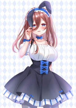 1girl absurdres animal_ears blue_eyes blue_ribbon blush breasts brown_hair go-toubun_no_hanayome hair_between_eyes hanakuma_mano heart heart-shaped_pupils highres holding long_hair looking_at_viewer maid nakano_miku patterned_background rabbit_ears ribbon solo symbol-shaped_pupils