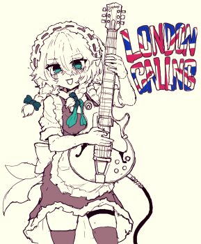 Rule 34 | 1girl, apron, back bow, bow, braid, commentary request, dress, english text, green bow, green eyes, guitar, highres, holding, holding guitar, holding instrument, instrument, izayoi sakuya, korean commentary, long hair, maid, maid headdress, monochrome, open mouth, puffy short sleeves, puffy sleeves, rampa93, short sleeves, smile, solo, spot color, thigh strap, thighhighs, touhou, twin braids, waist apron, yellow theme