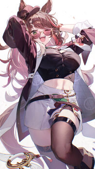 Rule 34 | 1girl, absurdres, animal ears, arms up, bandeau, black bandeau, black thighhighs, blush, breasts, brown hair, chain necktie, choker, commentary request, dolldolldd, ears through headwear, fedora, forever young (racing) (umamusume), forever young (umamusume), green choker, green eyes, hat, highres, horse ears, horse girl, horse tail, jacket, jewelry, large breasts, long hair, looking at viewer, midriff, miniskirt, multicolored hair, necktie, one eye closed, open clothes, open jacket, open mouth, purple-tinted eyewear, red-tinted eyewear, red hat, red jacket, red streaks, shirt, simple background, skirt, smile, solo, streaked hair, sunglasses, tail, teeth, thighhighs, tinted eyewear, umamusume, upper teeth only, white background, white necktie, white skirt, white streaks