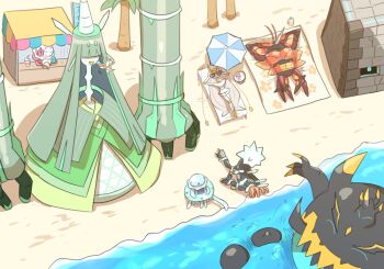 antennae arms_behind_head beach beach_chair beach_towel beach_umbrella blacephalon buzzwole celesteela claws closed_eyes commentary_request covered_eyes cup drinking_straw floating food gen_7_pokemon guzzlord holding holding_food kartana kasugai_(de-tteiu) long_neck lying muscular nihilego nintendo on_back open_mouth palm_tree pheromosa pokemon pokemon_(creature) pokemon_focus proboscis rayman_limbs sand smile stakataka sunglasses swim_ring tentacles towel tree ultra_beast umbrella water xurkitree
