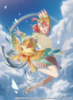 1girl 2026 bird black_shoes black_skirt blue_sky brown_hair cloud cloudy_sky commentary_request copyright_notice creature duel_masters duel_masters_lost glowing glowing_petals green_hoodie hair_ornament hood hoodie katori_niika midair multicolored_hoodie multicolored_shoes official_art one_eye_closed one_side_up open_mouth petals purple_hoodie rainbow red_eyes shoes short_hair skirt sky smile sparkle teeth upper_teeth_only white_petals white_shoes yellow_hoodie yellow_shoes yunikon