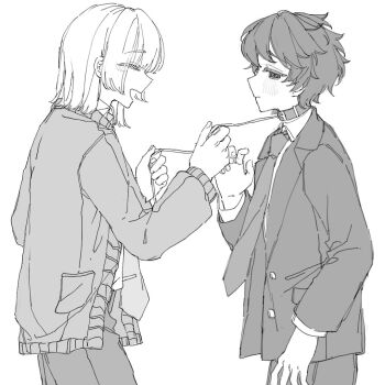 Rule 34 | 2boys, :d, akinashi haru, animal collar, arm at side, cardigan, collar, commentary request, cowboy shot, embarrassed, formal clothes, from side, greyscale, hand up, happy, holding, holding leash, inoru50078, jacket, lapels, leash, male focus, monochrome, multiple boys, necktie, open mouth, pants, profile, saihate eki, short hair, smile, suit, suit jacket, tatsunami shion