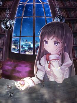 1girl akemi_homura bad_id bad_pixiv_id black_hair black_hairband book bookshelf bow bowtie cityscape commentary_request elbow_rest elbows_on_table expressionless grief_seed hairband hand_on_own_face highres holding in_palm light_blush long_hair long_sleeves mahou_shoujo_madoka_magica mahou_shoujo_madoka_magica_(anime) mitakihara_school_uniform night purple_eyes red_bow red_bowtie reflection reflective_table school_uniform sky solo soul_gem star_(sky) starry_sky table ukiukikiwi2525 upper_body window