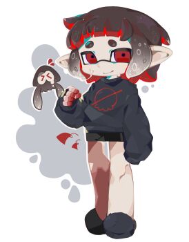 Rule 34 | bare legs, black shoes, black shorts, black sweater, brown hair, chinese commentary, commentary request, full body, highres, inkling, inkling (swim form), milk-chan (milk series), milk inside a bag of milk inside a bag of milk, nintendo, no symbol, print sweater, red eyes, shimenaco, shoes, short eyebrows, shorts, simple background, splatoon (series), standing, sweater, white background