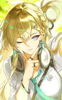 1girl absurdres aqua_necktie black_nails blonde_hair blue_eyes braid braided_bangs breasts cleavage closed_mouth commentary earrings fingernails hair_between_eyes hair_ornament hand_up headphones headphones_around_neck highres hush_(xoxo_hush) jewelry large_breasts long_hair looking_at_viewer lynae_(wuthering_waves) nail_polish necktie one_eye_closed shirt skull_hair_ornament smile solo star_(symbol) star_earrings upper_body watermark white_shirt wuthering_waves