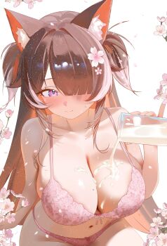 1girl absurdres animal_ears bare_arms bare_shoulders bra breasts brown_hair cleavage closed_mouth commentary commission cup dog_ears emirisu english_commentary hair_over_one_eye highres holding holding_cup large_breasts long_hair looking_at_viewer milk mole mole_on_breast multicolored_hair navel panties pink_bra pink_panties pouring pouring_onto_self purple_eyes sakurai_hana second-party_source skindentation smile solo string_bra two-tone_hair two_side_up underwear underwear_only vdonburi very_long_hair virtual_youtuber