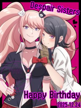 2girls black_choker black_hair blonde_hair blue_eyes blue_w_moon bow breasts brown_gloves choker cleavage collarbone commentary_request danganronpa:_trigger_happy_havoc danganronpa_(series) dated enoshima_junko fang freckles gloves hair_ornament happy_birthday highres ikusaba_mukuro long_hair mixed-language_commentary multiple_girls necktie pink_background red_bow red_nails school_uniform shirt short_hair siblings skirt smile teeth twintails