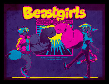 1girl 2girls animal_ears blue_shorts brand_new_animal crossover fist_bump furry gettar82 grin jacket jaguar jaguar_tail kagemori_michiru kipo_and_the_age_of_wonderbeasts kipo_oak multiple_girls muscular pants partial_transformation ponytail raccoon_ears raccoon_girl raccoon_tail red_jacket red_track_suit shirt short_hair short_shorts shorts smile tail tanuki tongue tongue_out track_jacket track_suit