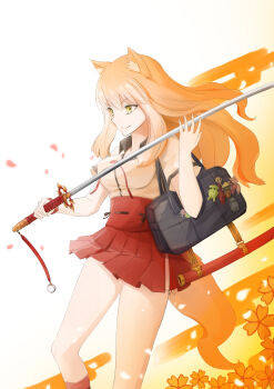1girl absurdres animal_ears bag breasts commentary_request fate/extra fate/extra_ccc fate/extra_ccc_fox_tail fate_(series) fox_ears fox_girl fox_tail highres katana large_breasts long_hair orange_eyes orange_hair red_skirt shirt short_sleeves shoulder_bag sidelocks skirt smile solo suzuka_gozen_(fate) sword tail thighs weapon white_shirt yuniyuni