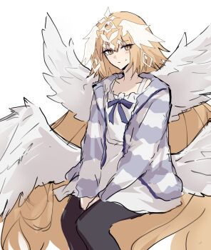 1girl alternate_hairstyle angel_wings black_pantyhose blonde_hair blush dress fate/grand_order fate_(series) feathered_wings highres invisible_chair jeanne_d&#039;arc_(fate) long_hair long_sleeves metatron_jeanne_(fate) metatron_jeanne_(second_ascension)_(fate) multiple_wings nekwnek pantyhose simple_background sitting solo sweatdrop very_long_hair white_dress white_wings wings