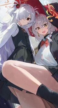 2girls absurdres black_jacket black_skirt black_vest blue_archive blush bow bowtie breasts bright_pupils brown_halo button_gap choppy_bangs closed_mouth collared_shirt commentary_request crossed_bangs eri_(blue_archive) film_grain grey_hair grey_panties hair_between_eyes hair_ornament hair_over_one_eye halo hat highres jacket jianjia kanoe_(blue_archive) knee_up large_breasts long_bangs long_hair multiple_girls one_eye_covered one_side_up open_clothes open_jacket open_mouth panties panty_peek parted_bangs pleated_skirt red_bow red_bowtie red_eyes shirt skirt smile sphere_hair_ornament underwear vertical-striped_bowtie vest white_pupils white_shirt wing_collar witch_hat yellow_eyes yellow_halo