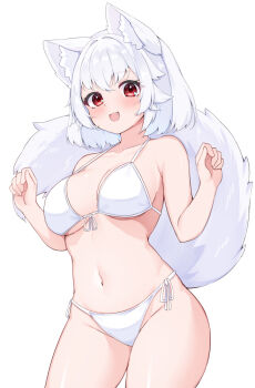 1girl :3 animal_ear_fluff animal_ears arms_up bikini blush breasts cleavage collarbone commentary_request cowboy_shot crossed_bangs fang hair_intakes inubashiri_momiji large_breasts looking_at_viewer midriff navel open_mouth red_eyes rururiaru short_hair simple_background smile solo swimsuit tail touhou white_background white_bikini white_hair wolf_ears wolf_girl wolf_tail