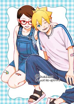 1boy 1girl arm_around_shoulder bandaid bandaid_on_arm black_eyes black_hair blonde_hair blue_dress blue_eyes blue_pants boruto:_naruto_next_generations commentary_request denim_dress dress facial_mark glasses highres jewelry naruto_(series) necklace one_eye_closed onka_(aun_ka28) pants red-framed_eyewear sandals seiza shirt short_dress short_hair sitting sticker sticker_on_leg striped_tank_top t-shirt tank_top twitter_username uchiha_sarada uzumaki_boruto whisker_markings