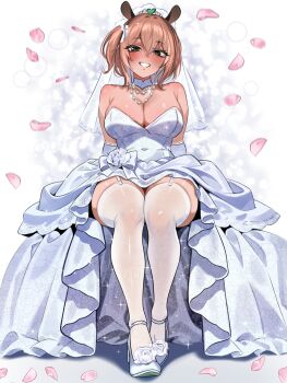 1girl absurdres adramallih animal_ears bare_shoulders blush breasts bridal_veil bride brown_hair cleavage commentary covered_navel crossed_bangs dress english_commentary falling_petals flower garter_straps green_eyes grin hair_between_eyes high_heels highres indie_virtual_youtuber jewelry large_breasts long_dress looking_at_viewer necklace nimi_nightmare one_side_up pearl_necklace petals rose shoes sitting smile solo sparkle strapless strapless_dress strappy_heels tapir_ears tapir_girl tearing_up thighhighs tiara veil virtual_youtuber wedding_dress white_dress white_flower white_rose white_shoes white_thighhighs