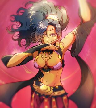 1girl armpits blue_eyes blue_hair breasts cleavage crescent crescent_earrings dancer dark-skinned_female dark_skin earrings fire_emblem fire_emblem:_fortune&#039;s_weave gold_earrings harem_outfit high_ponytail highres jewelry large_breasts leda_(fire_emblem) mofu2chikuwa navel nintendo ponytail solo stomach