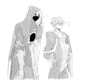 ... 2boys ahoge arm_ribbon armor bodysuit caelus_(honkai:_star_rail) cape closed_mouth coat collarbone cowboy_shot face_in_shadow fingerless_gloves flame_reaver_of_the_deepest_dark gauntlets gloves greyscale hair_between_eyes hand_on_own_hip highres hki_8b honkai:_star_rail honkai_(series) hood hooded_cape hooded_coat lapels long_sleeves looking_afar looking_at_another male_focus monochrome multiple_boys nervous nervous_sweating open_clothes open_coat pants phainon_(honkai:_star_rail) ribbon shirt short_hair shoulder_armor simple_background speech_bubble spoken_ellipsis standing sweat t-shirt trailblazer_(honkai:_star_rail) two-sided_coat two-sided_fabric