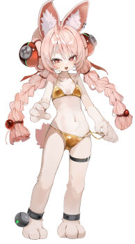 1girl absurdres animal_ear_fluff animal_ear_piercing animal_ears animal_ears_(norankkori) ankle_strap barefoot bikini blush body_fur braid braided_twintails breasts bright_pupils collarbone furry furry_female gold_bikini hair_ornament highres loli long_hair looking_at_viewer navel open_mouth pink_fur pink_hair rabbit_ears rabbit_girl rabbit_tail red_eyes side-tie_bikini_bottom small_breasts solo sphere_hair_ornament swimsuit tail teeth thick_eyebrows twin_braids untied_bikini_bottom upper_teeth_only very_long_hair white_pupils zenless_zone_zero zhao_(zenless_zone_zero)