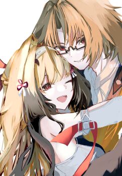 1boy 1girl 832cy ;d animal_ears armlet brother_and_sister brown_hair clover_hair_ornament collar droopy_ears facial_mark forehead_mark fox_boy fox_ears fox_girl glasses hair_ornament hashtag-only_commentary headband highres jewelry long_hair multicolored_hair one_eye_closed open_mouth parted_bangs red_eyes ribbon siblings sleeveless smile streaked_hair white_background ye_shiyuan ye_shunguang zenless_zone_zero