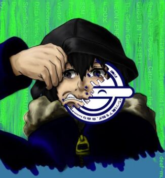 00s 1boy androgynous aoi_(gits) black_hair coat ghost_in_the_shell ghost_in_the_shell:_stand_alone_complex hood laughing_man_(gits) logo male_focus solo unmasking zipper