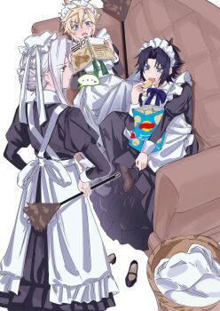 3boys alternate_costume alternate_hairstyle apron black_dress black_shoes blonde_hair blue_eyes blush book chips_(food) cloud_strife collared_dress couch crossdressing crossdressing_(mtf) dress duster eating enmaided fang feather_duster final_fantasy final_fantasy_vii food frilled_apron frills gasp grey_hair hair_bun hands_on_own_hips highres holding holding_book keiseki1 laundry_basket long_sleeves maid maid_apron maid_day maid_headdress male_focus male_maid mary_janes multiple_boys on_couch open_mouth pantyhose potato_chips puffy_sleeves sephiroth shoes short_hair sitting skin_fang spiked_hair standing surprised sweatdrop zack_fair