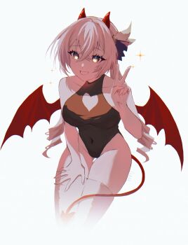 1girl absurdres black_leotard black_ribbon blush clothing_cutout covered_navel demon_horns demon_tail demon_wings firefly_(honkai:_star_rail) hair_ornament hair_ribbon heart_cutout highres honkai:_star_rail honkai_(series) horns leotard long_hair open_mouth ribbon rinsmeray simple_background smile solo sparkle star_(symbol) tail twintails v white_background wings