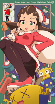 absurdres aircraft airship anger_vein animal_ears antlers black_pantyhose blush blush_stickers box breasts brown_hair christmas commentary deer_ears dress earrings fishnet_pantyhose fishnets fur-trimmed_dress fur_trim gift gift_box green_eyes hand_on_own_hip hat highres holding holding_sack horns jewelry looking_at_another looking_down medium_breasts mega_man_(series) mega_man_legends mega_man_legends_(series) open_mouth panties panties_under_pantyhose pantyhose pantyshot pom_pom_(clothes) red_dress red_hat red_shoes reindeer_antlers sack santa_costume santa_dress santa_hat servbot_(mega_man) shoes stepped_on symbol-only_commentary tron_bonne_(mega_man) underwear upskirt white_panties x_x yodok
