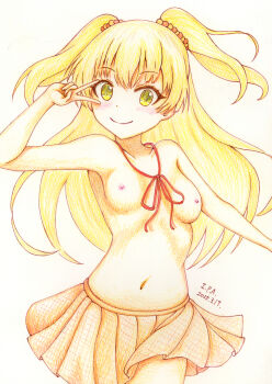 Rule 34 | absurdres, blonde hair, blush, breasts, closed mouth, collarbone, colored pencil (medium), cowboy shot, dated, dot nose, highres, idolmaster, idolmaster cinderella girls, iraren san, jougasaki rika, long hair, looking at viewer, medium breasts, navel, nipples, orange skirt, outstretched arm, parted bangs, pleated skirt, red ribbon, ribbon, signature, simple background, skirt, small nipples, smile, solo, topless female, traditional media, two side up, v, v over eye, white background, yellow eyes
