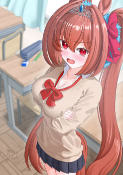 1girl absurdres alternate_costume animal_ears antenna_hair arms_under_breasts black_skirt blurry blurry_background blush bow bowtie breasts brown_cardigan brown_hair cardigan cleavage commentary_request crossed_arms daiwa_scarlet_(umamusume) desk eraser fang gamel_120 hair_bow hair_intakes highres horse_ears horse_girl horse_tail indoors large_breasts long_hair long_sleeves looking_at_viewer miniskirt open_mouth pencil pencil_case pleated_skirt red_bow red_bowtie red_eyes school_desk school_uniform shirt signature skin_fang skirt solo tail tiara twintails umamusume v-shaped_eyebrows very_long_hair white_shirt