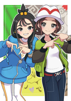2girls black_hair blue_hoodie blush breasts brown_eyes brown_hair closed_mouth cube_hair_ornament earclip green_jacket grey_eyes hair_ornament harmony_(pokemon) hat highres hood hood_down hoodie jacket leggings lida_(pokemon) long_hair long_sleeves looking_at_viewer multiple_girls nintendo open_clothes open_jacket open_mouth pants pokemon pokemon_legends:_z-a shirt short_hair smile teeth topknot white_hat white_shirt yuu_(jgvj7873)