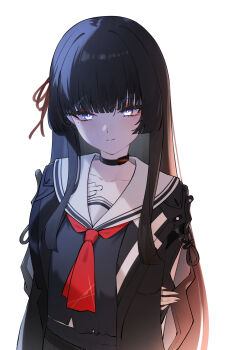 1girl arm_behind_back arm_cutout black_choker black_hair black_jacket black_shirt blue_eyes breasts chisa_(wuthering_waves) choker clothing_cutout collarbone commentary cowboy_shot dongye1551 hair_ribbon highres holding_own_arm jacket long_hair long_sleeves looking_at_viewer medium_breasts mole mole_under_eye neckerchief red_neckerchief red_ribbon ribbon sailor_collar shirt simple_background solo white_background white_sailor_collar wuthering_waves