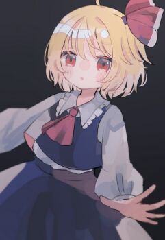 1girl :o black_background black_skirt black_vest blonde_hair blush collared_shirt expressionless hair_between_eyes hiyuu_(hiyualice) long_sleeves looking_at_viewer medium_hair neckerchief red_eyes red_neckerchief ribbon rumia shirt skirt solo touhou vest white_shirt