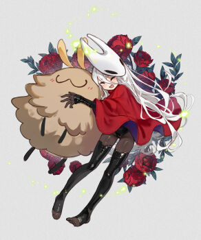 1girl :3 ^_^ absurdres black_leotard black_thighhighs blush bodystocking chinese_commentary cloak closed_eyes commentary_request cross-laced_clothes cross-laced_sleeves detached_sleeves flea_(hollow_knight) flower full_body grey_background hair_between_eyes highres hollow_knight hollow_knight:_silksong horned_mask hornet_(hollow_knight) hug humanization latex latex_thighhighs leotard long_hair long_hair_between_eyes mask mask_on_head no_shoes open_mouth red_cloak red_flower solo stirrup_legwear thighhighs toeless_legwear two-sided_cloak two-sided_fabric very_long_hair white_hair ziyue