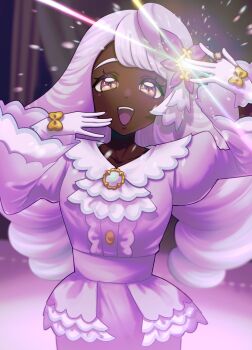 1girl absurdres ascot dark-skinned_female dark_skin dress fascinator frilled_ascot frills glove_bow gloves gold_ring hair_ornament highres jacinthe_(pokemon) juliet_sleeves long_hair long_sleeves looking_at_viewer low_drills mega_stone nintendo open_mouth pokemon pokemon_legends:_z-a puffy_sleeves purple_dress purple_eyes purple_hair saba_chimera smile solo teeth upper_teeth_only very_dark_skin white_gloves