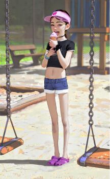 1girl absurdres bare_legs black_choker black_shirt blue_shorts braces brown_eyes brown_hair choker crocs crop_top day denim denim_shorts diathorn doyagao food freckles full_body highres holding holding_food ice_cream ice_cream_cone jewelry loli looking_at_viewer midriff navel original outdoors pink_shoes realistic scrunchie shirt shoes short_hair short_shorts short_sleeves shorts smug solo standing stomach teeth tongue visor_cap wrist_scrunchie