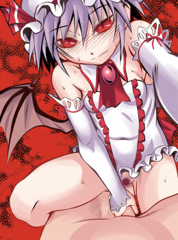 1boy 1girl ayana_mizuki blush breasts brooch brown_wings closed_mouth clothed_female_nude_male collar commentary_request demon_wings detached_collar detached_sleeves dress feet_out_of_frame girl_on_top hair_between_eyes handjob hetero highres imminent_penetration imminent_vaginal jewelry looking_at_viewer nose_blush nude penis pov pov_crotch purple_hair pussy red_background red_eyes remilia_scarlet short_hair small_breasts smile solo_focus touhou white_collar white_dress white_sleeves wings