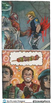 Rule 34 | 1girl, 3boys, barry burton, beard stubble, beret, black gloves, blonde hair, blood, blue hat, brown hair, chris redfield, claws, drooling, facial hair, fingerless gloves, food, gloves, hat, highres, imagining, impaled, jill valentine, multiple boys, resident evil, resident evil 1, rhiannon kagoe, shish kebab, shoulder pads, stubble, sunglasses, sweatdrop, tyrant (resident evil)