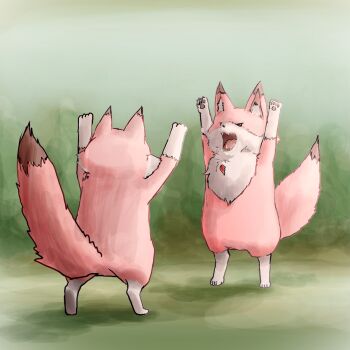 angry animal_ear_fluff animal_hands arasoi_wa_onaji_level_no_mono_doushi_deshika_hassei_shinai!!_(meme) body_fur claws commentary_request creature creature_focus day fangs fighting from_side highres hololive kokoro_(hakui_koyori) looking_at_another mascot meme no_humans nymph_rhythm open_mouth outdoors pawpads pink_fur snout standing tail_raised virtual_youtuber