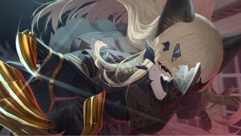 1girl animal_ears armor black_armor black_mask blonde_hair broken_mask character_request closed_mouth commentary_request commission copyright_request green_ribbon grey_eyes hair_ribbon highres long_hair mask reaching reaching_towards_viewer ribbon rushian skeb_commission solo