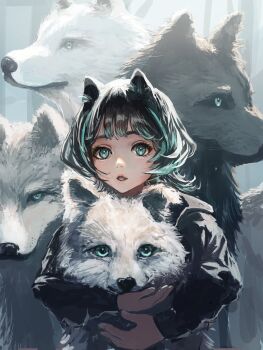 1girl animal animal_ears animal_focus animal_hug black_hair black_shirt center-flap_bangs commentary_request highres long_sleeves looking_at_viewer original parted_lips sanmen_(threeface_il) shirt short_hair solo straight-on thick_eyebrows upper_body wolf wolf_ears wolf_girl